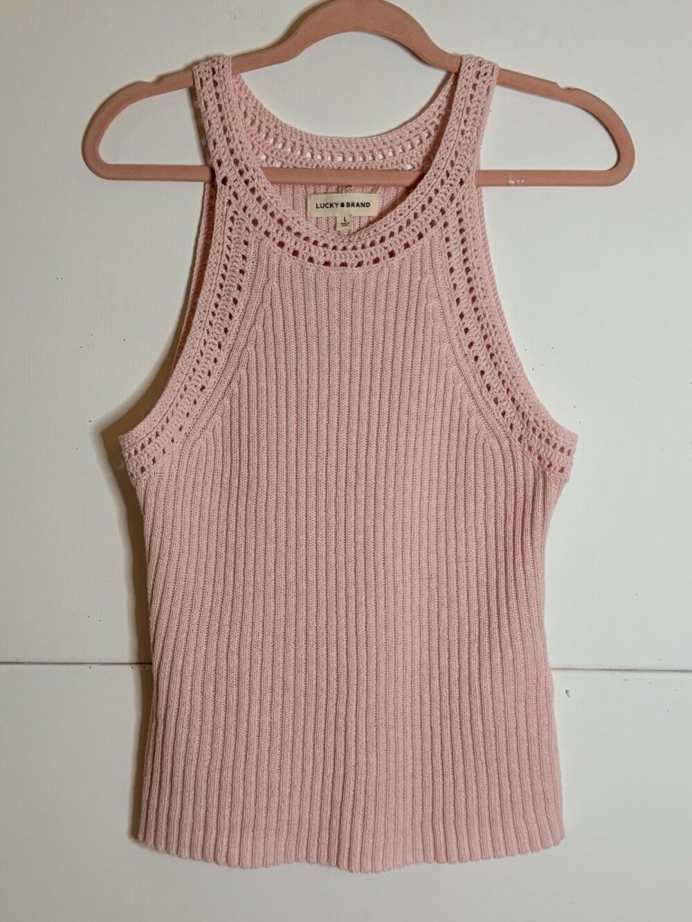 Lucky Brand Pink Linen Cotton Blend Crochet Trim Sleeveless Knit Sweater Size L